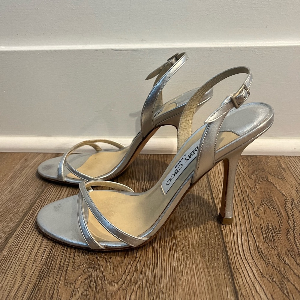 Jimmy Choo Metallic Silver Leather Slingback Sandals